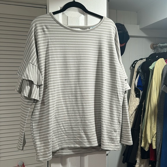 She + Sky Tops - She + Sky Gray and white stripped shirt with ruffles